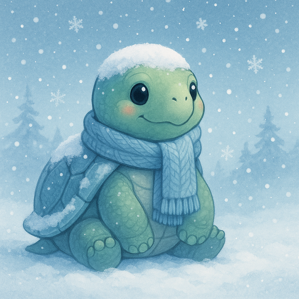Winter turtle in scarf and snow